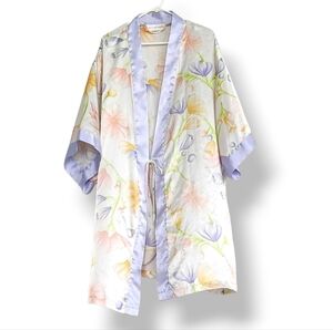 Natorious Floral 100%Silk Kimono Robe Lavender Spring Flowy Femme Pastel Plus 1x